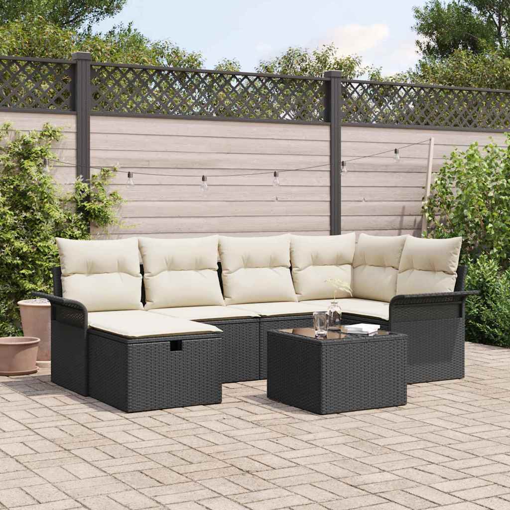 Garten-Sofa-Set mit Kissen 7 pcs Schwarz Poly Rattan